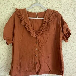 Free People Women's Ruffled Button-Down Top - Burnt Orange size Small
